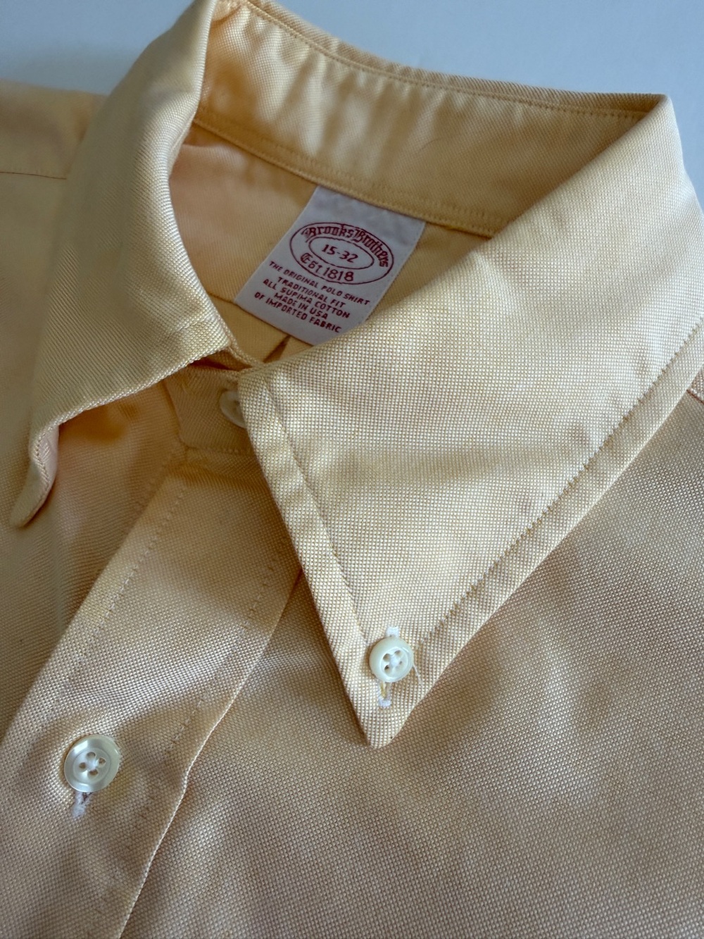 Brooks Brothers Original Polo Shirt Supima Cotton Oxford Yellow 15-32 Made USA